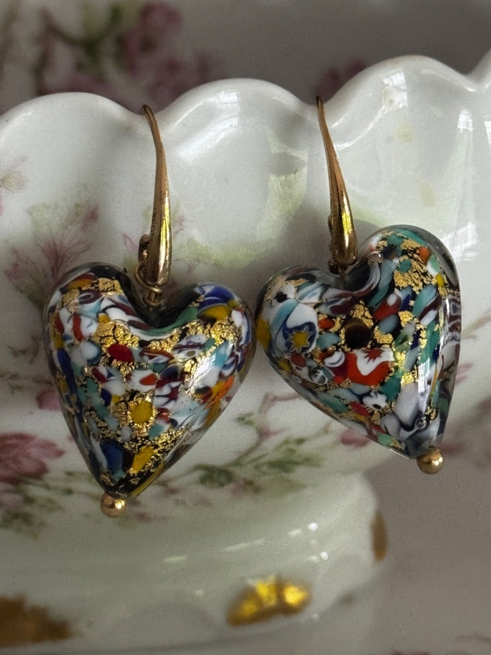 Murano Glass Heart Earings Gold Wires - Picture 2 of 11